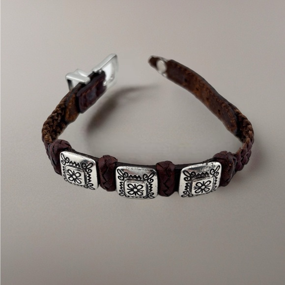 Brighton Silver and Brown Leather Bracelet Weave Leather Strap Brown Strap - Picture 1 of 5